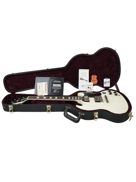 White electric guitar, Gibson Custom Shop Les Paul SG Standard 2014, with a case and accessories displayed beside it.