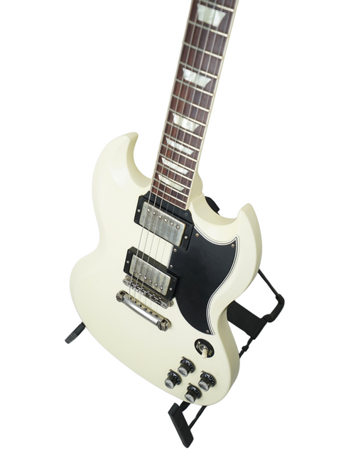 White electric guitar with a black body, featuring the Gibson Custom Shop Les Paul SG Standard, USA, 2014 model.