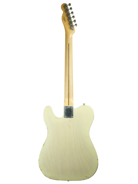 White guitar featuring a wooden body and neck, identified as a Fender Custom Shop '59 Esquire Journeyman Relic from 2003.
