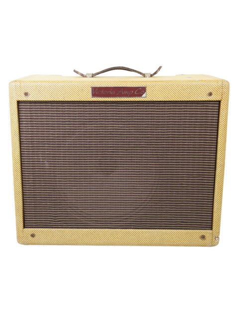 Yellow Fender amp with brown cover, model Victoria 20112-T Tweed Combo, made in the USA in 2004.