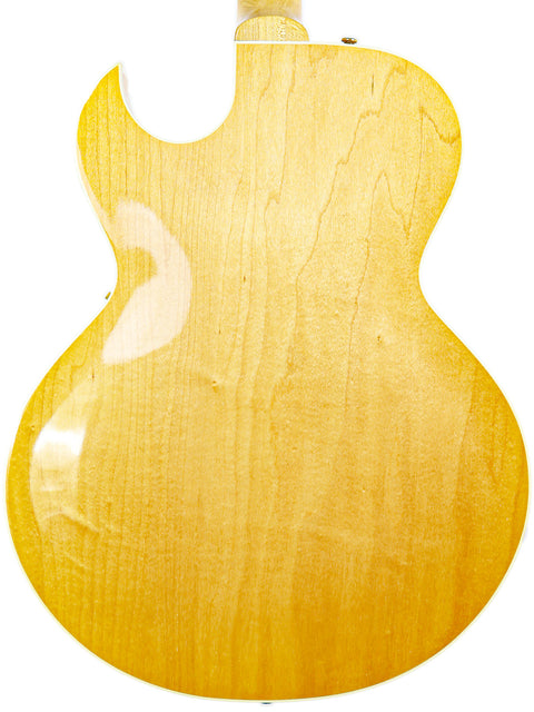 Yellow Gibson ES-135 guitar on a clean white background, showcasing its vibrant color and classic design from 2002.