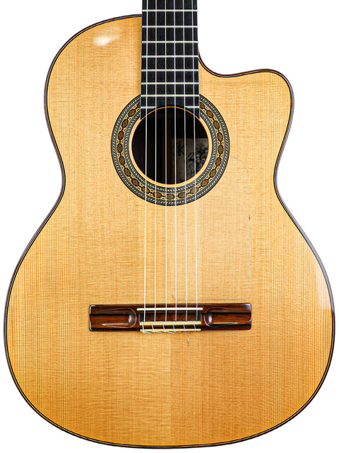 classical guitar with a wooden body and neck, crafted by Robin Moyes in Australia, 2002, showcasing exquisite craftsmanship.