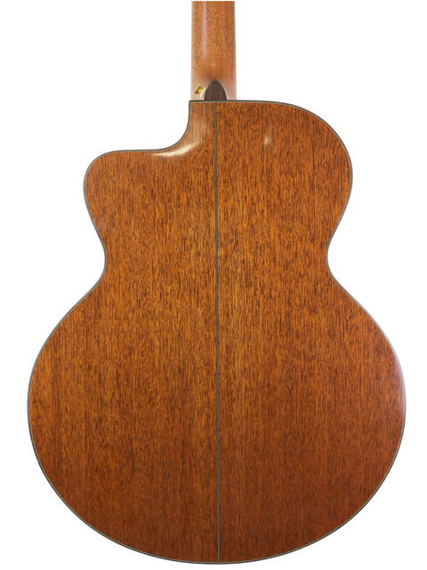 A close-up of the wooden back of a 1995 Taylor LKSM Leo Kottke 12-string acoustic guitar, emphasizing its natural beauty.