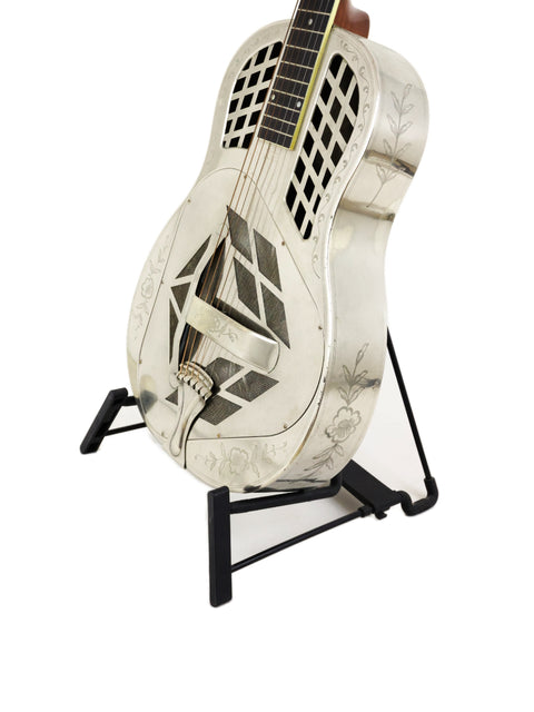 1931 National Tricone Style 2 Roundneck guitar displayed on a stand against a clean white background.
