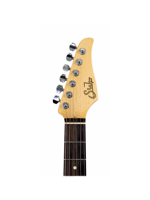 A 2018 Suhr Classic Pro guitar showcasing a black headstock on a minimalist white background.