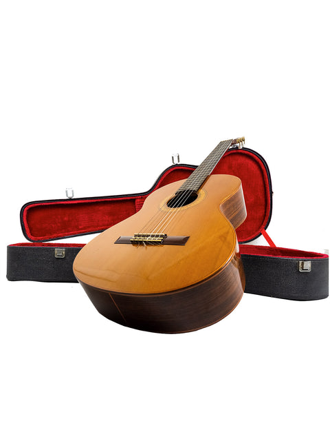 A K Yairi YC90 Concert Classical Guitar, crafted in Japan in 1987, resting inside a vibrant red case.