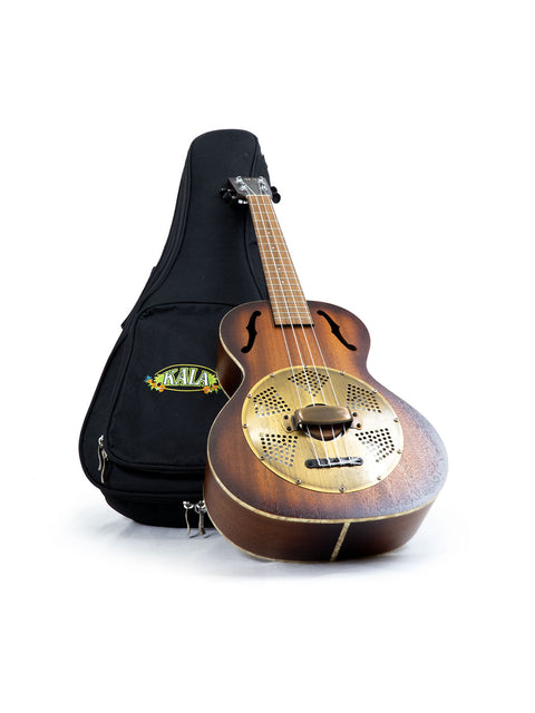 A Kala KA-RES-BRS Tenor Resonator Ukulele with a protective case and bag, highlighting its elegant features.