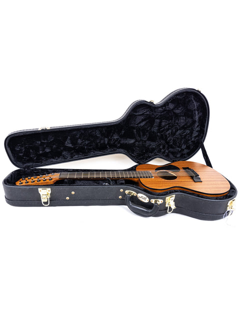 A Maton Mahogany Mini12 String guitar case showcasing its wooden body and neck, labeled EMM-12, from Australia, 2017.