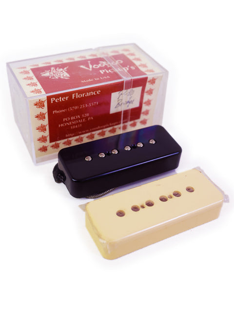 A Peter Florance Voodoo P90 pickup displayed in its box, showcasing its design and packaging.