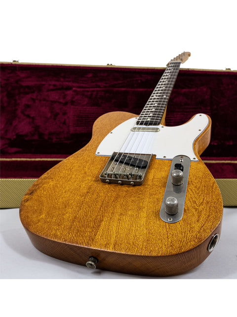 A Silky Oak Txxx Style Partscaster guitar displayed in a wooden case, representing its new release from Australia, 2021.