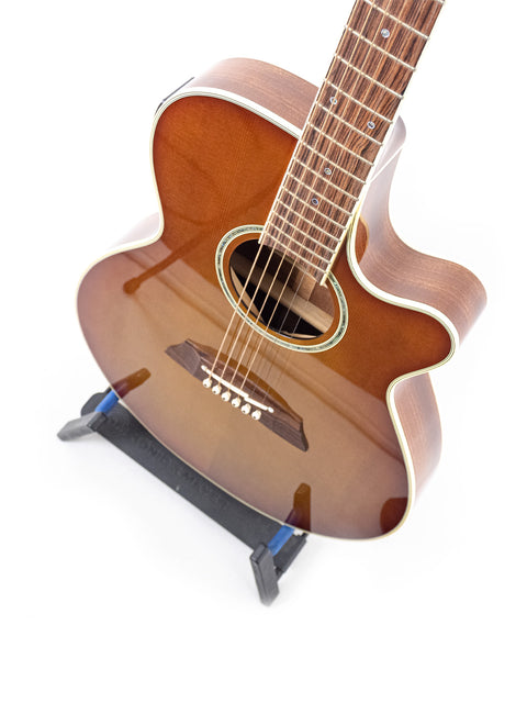 A Takamine TSP138C TB Thinline Acoustic Electric guitar on a stand, highlighted by a simple white background.