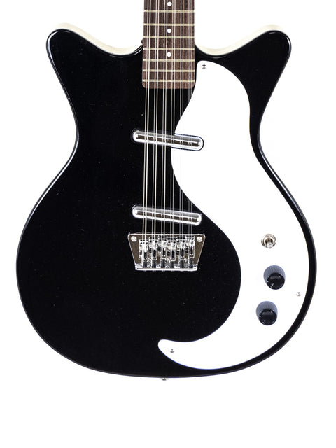A black and white guitar featuring a white pick guard, showcasing the Danelectro DC59 12 String model from Korea, 2020.