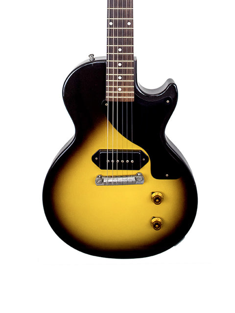 A black and yellow Gibson Custom Shop '57 Les Paul Junior Reissue VOS guitar against a clean white background.