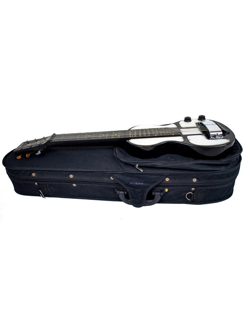 A black electric guitar case set against a white background, showcasing a 1930s Rickenbacher Electro Lap Steel.