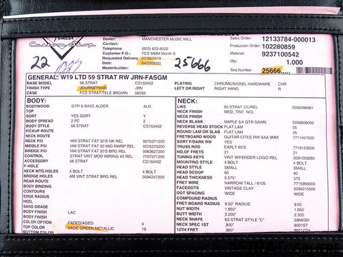 A black wallet holds a ticket and a check, accompanied by a Fender '60s Strat Partscaster in Olympic White.