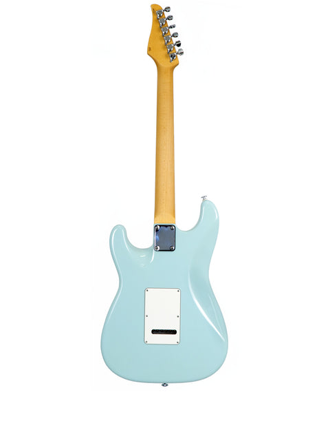 A blue electric guitar with a white body, the Suhr Classic Pro from 2018, highlighting its modern and stylish look.