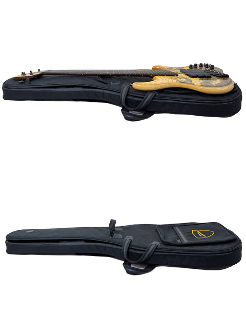 A guitar case with a strap showcases a Dingwall Z3 Buckeye Custom 5 String Bass, a Canadian creation from 2016, perfect for musicians.