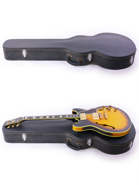 A pair of guitars with their cases displayed on a white background, including an Ibanez Artist AS200 from 1981, Japan.