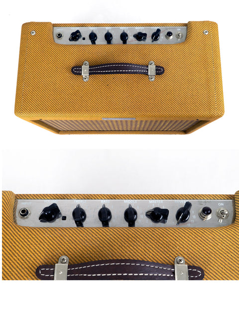 A pair of photos featuring a yellow Fender Blues Junior III Limited Edition amplifier, made in Mexico in 2012, highlighting its style.
