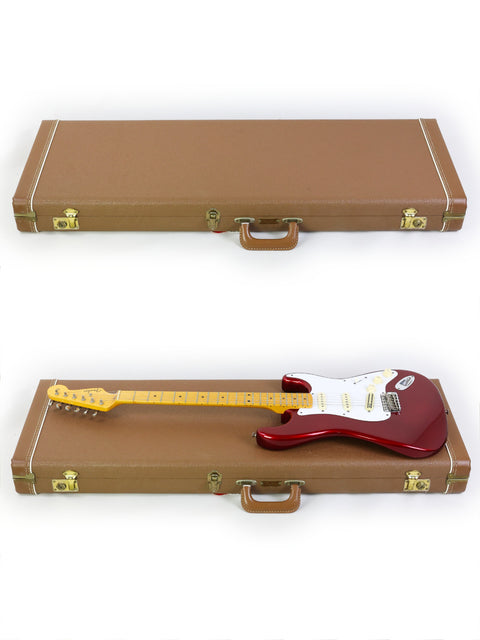 A protective case for a Fender Vintage Hot Rod ‘57 Stratocaster, highlighting its vintage style and craftsmanship.