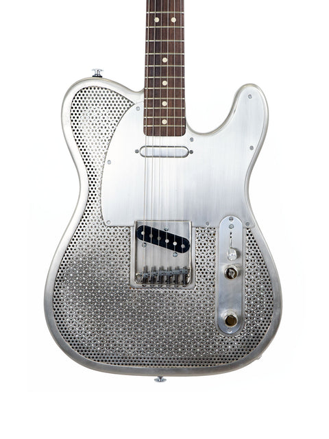 A silver guitar featuring a unique metal mesh design, the James Trussart Holey Nickel Steelcaster from 2006, USA.