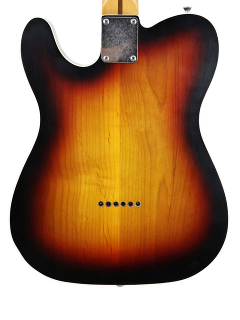 A sleek Fender guitar featuring a matte sunburst finish, highlighting its custom style from 2021.