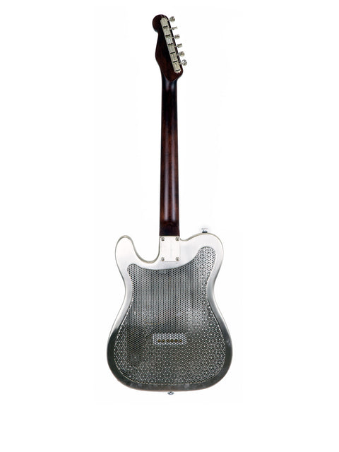 A sleek silver guitar featuring a black pickguard, identified as the James Trussart Holey Nickel Steelcaster, USA 2006.