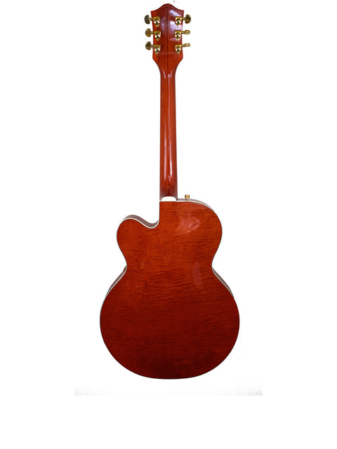 A striking red Gretsch Chet Atkins G6120 guitar displayed on a white background, highlighting its elegant features and craftsmanship.