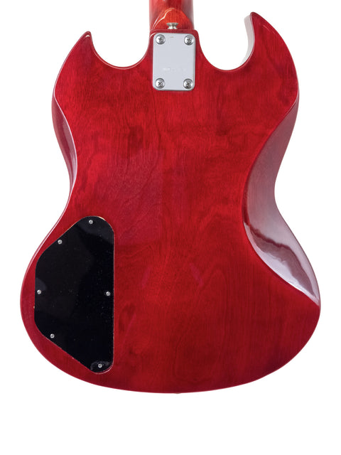 A striking red guitar with a black pickguard, inspired by the classic Ibanez 2403B Lawsuit Bass, Japan 1976.