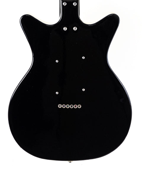 A stylish black guitar with a contrasting white pickguard, representing the Danelectro DC59 12 String made in Korea, 2020.