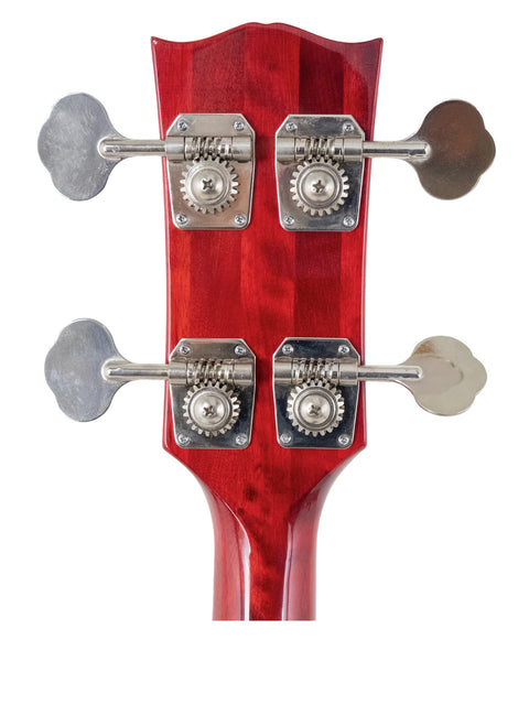 A vibrant red guitar showcasing four metal knobs on the headstock, reminiscent of the 1976 Ibanez 2403B Lawsuit Bass.