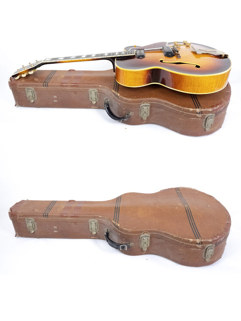 A vintage 1955 Gibson L-5 CES guitar with Alnico pickups in its case, next to another guitar without a case.