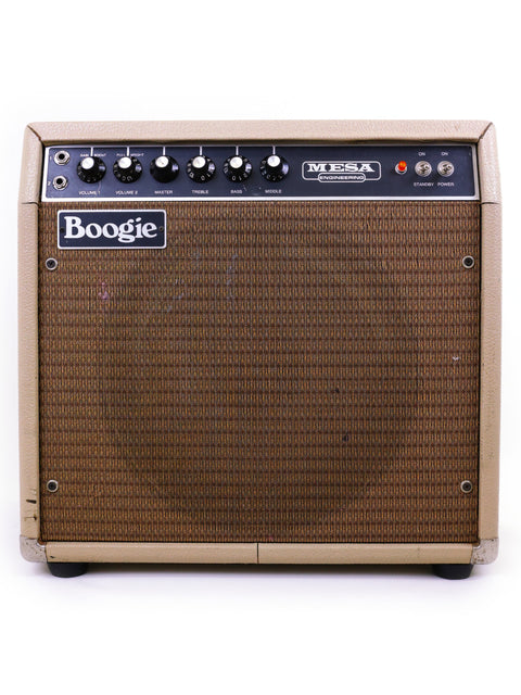 A vintage Mesa Boogie Mark 1 Combo guitar amplifier in brown and black, displayed on a white surface, from 1976 USA.