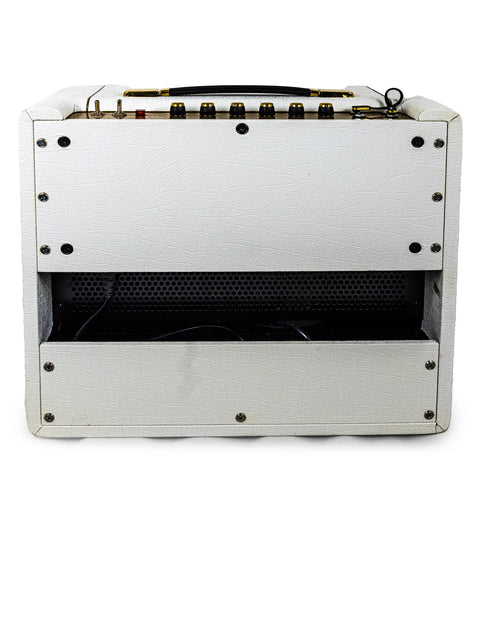 A white amplifier with black and gold trim, featuring the Marshall Studio Vintage SV 20C Mark II design from the UK, 2020.