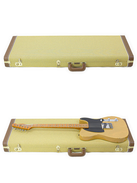 A white background showcases two guitars in a case, including a 2018 Fender Master Built Jason Smith Esquire.