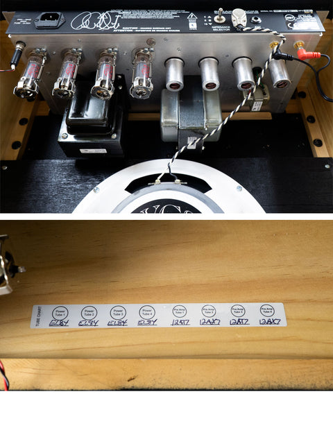 A wood table displays two pictures, showcasing a label for the PRS Paul Reed Smith 30 Combo Amp, USA, 2010.