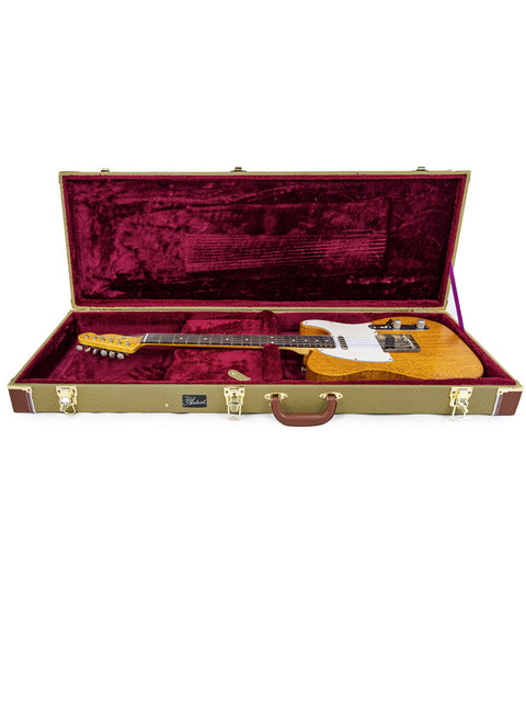A wooden guitar case lined with red velvet, featuring a Silky Oak Txxx Style Partscaster, newly made in Australia, 2021.