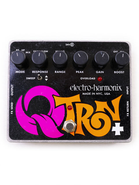 Black Electro-Harmonix Q-Tron Plus guitar effects pedal with knobs and switches.