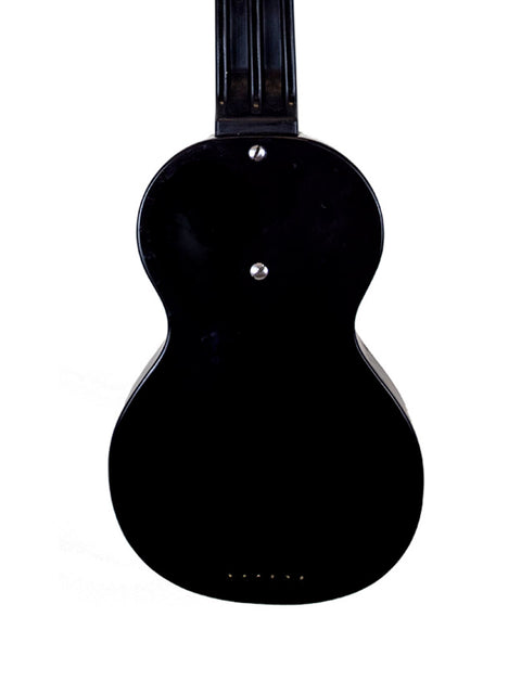 Black Rickenbacher Electro Lap Steel guitar from the 1930s, displayed on a stark white background.