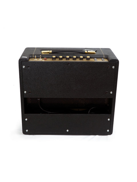 Black amplifier featuring gold trim and a gold tone knob, representing the Marshall Studio Vintage SV 20C Mark II from 2018.