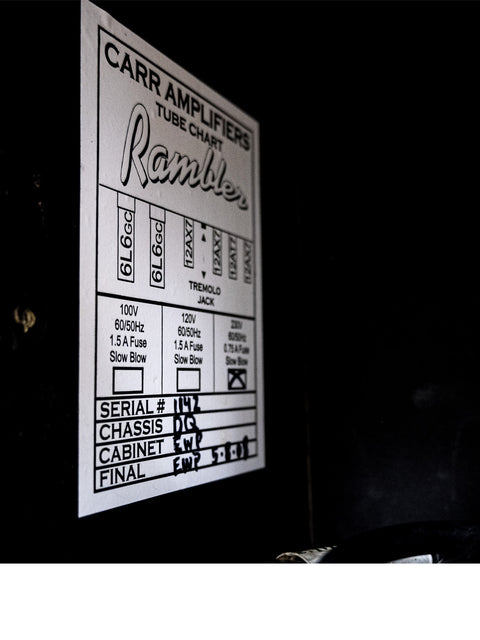 Black and white sign featuring the word "car" and a number, symbolizing the Carr Rambler Combo Amp made in the USA, 2008.