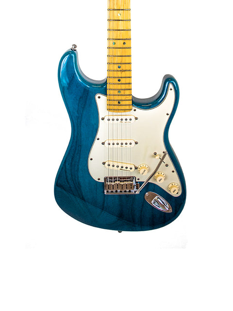 Blue electric guitar, a Fender American Deluxe Stratocaster from 2004, featuring a striking white pickguard for added style.