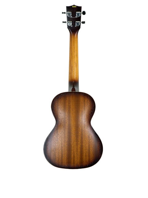 Brown-finished wooden ukulele, model Kala KA-RES-BRS, showcasing a resonator design from 2019.