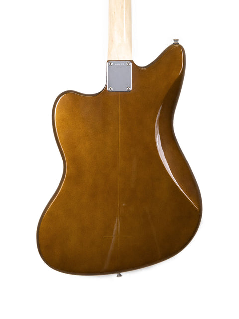 Brown wooden guitar with a sleek design, featuring a neck and body, marked Zachary & Mercer Mastermind “Deluxe” Offset – Aust 2021.