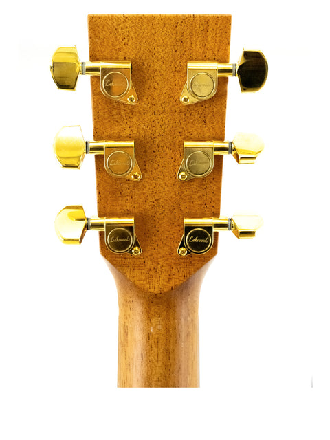 Close-up image of the headstock from a 2015 Lakewood D-32 Dreadnought acoustic guitar, emphasizing its quality and style.