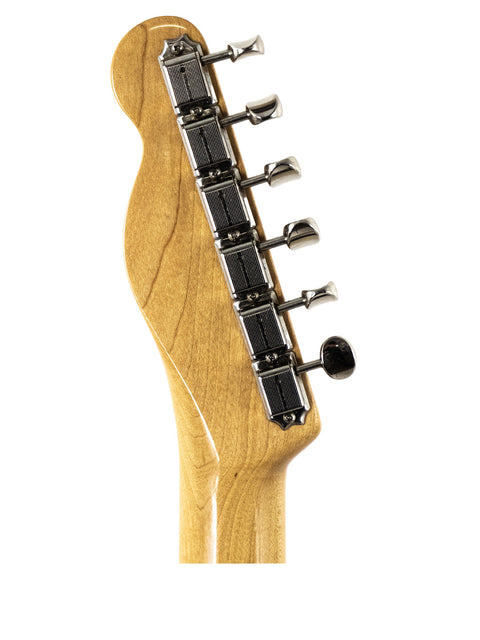 Close-up of a Fender American Vintage ’58 Telecaster guitar neck featuring a sleek black pickguard.