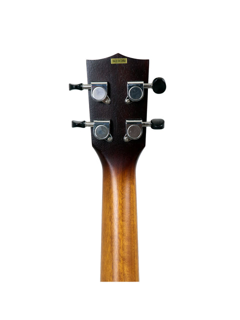 Close-up of a Kala KA-RES-BRS Tenor Resonator Ukulele with a wooden neck and stylish black headstock.