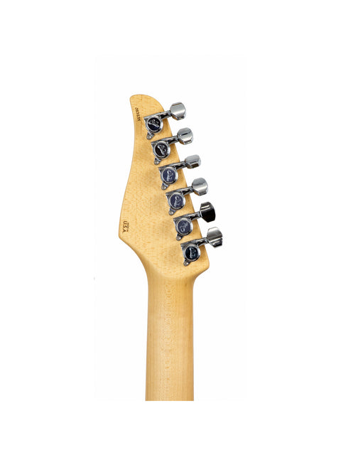 Close-up of a Suhr Classic Pro guitar head against a clean white background, showcasing its sleek design and craftsmanship.