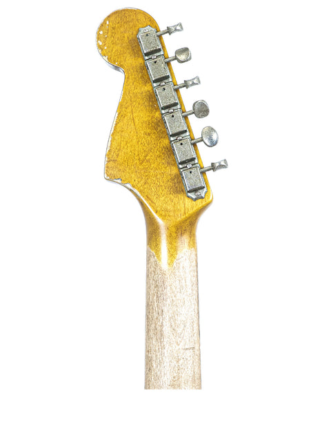 Close-up of a guitar head featuring a striking yellow finish, identified as a Rittenhouse JM-63 from the USA, 2020.