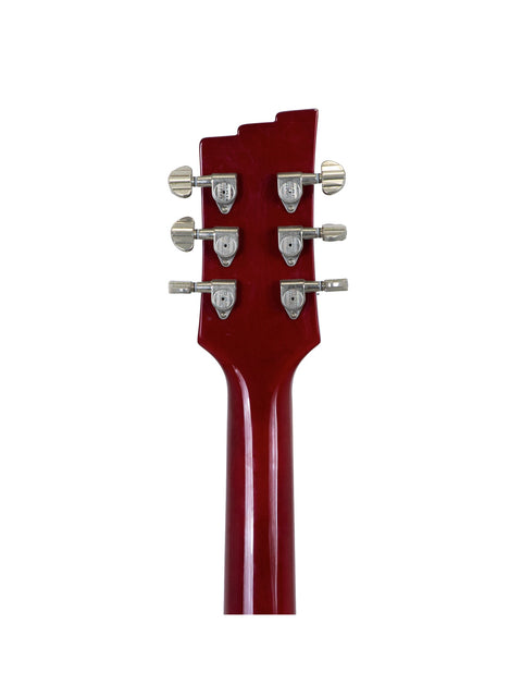 Close-up of a red guitar headstock with four knobs, representing the Duesenberg Double Cat 6 String, made in Germany, 2007.